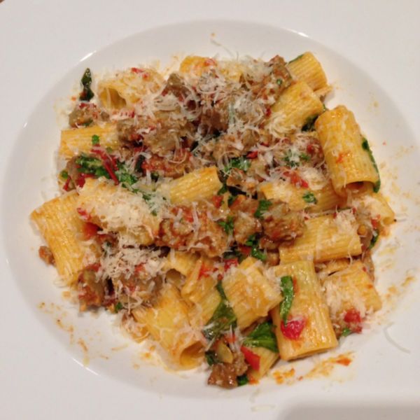 Dinner with porcini thyme pork sausage from The Local Pig. Pasta recipe from BLT Steak.