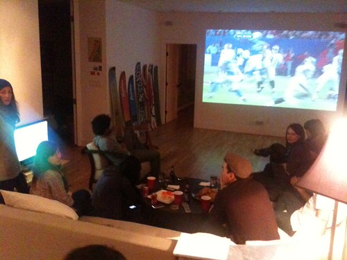 Dual screen setup @ my SuperBowl party: one for game, one for tweets. Great backchannel for ads. This is the future.