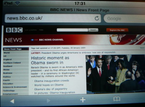 BBC News webpage on the iPod Touch - US Presidential Inauguration - Screencap