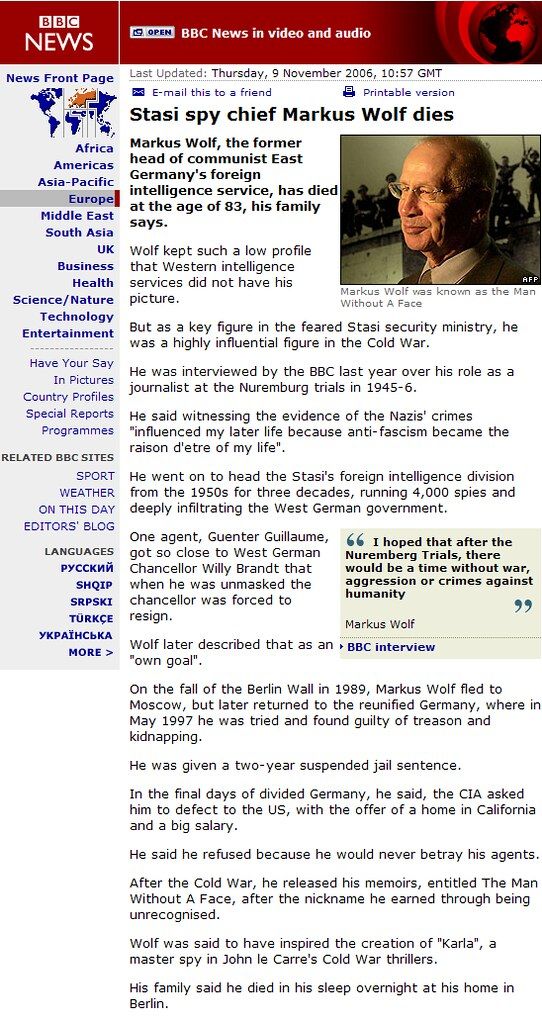 BBC News: Markus Wolf dies