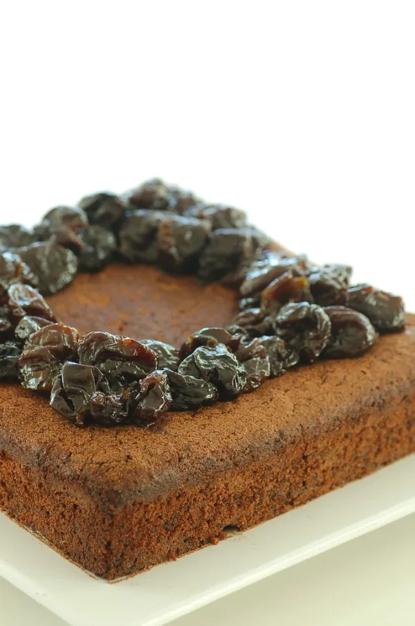 chocolate hazelnut birthday cake with frangelico poached prunes