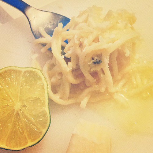 Colleague suggested this very simple lemon, cheese, olive oil and pasta recipe. If you don't like simple food with weak taste, you surely won't like this one. However I still think the pepper and butter pasta is the easiest and is better.