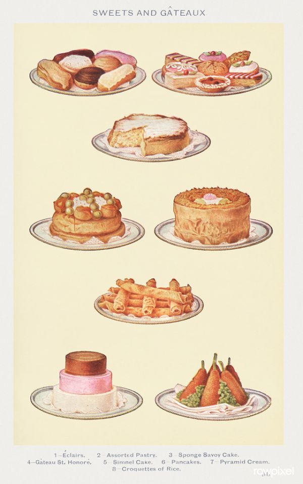 Sweets and Gâteaux: Éclair, Assorted Pastry, Sponge Savoy Cake, Gâteaux St. Honoré, Simnel Cake, Pancakes, Pyramid Cream, and Croquettes of Rice from Mrs. Beeton's Book of Household Management. Digitally enhanced from our own 1923 edition.