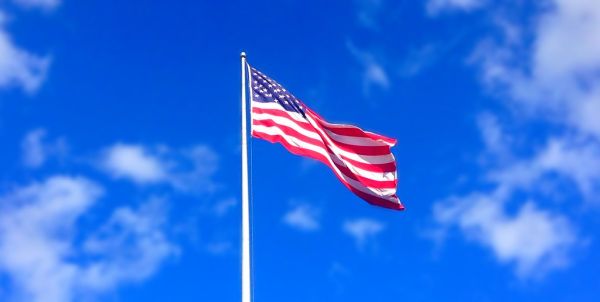 America Flag waving blue sky white puffy clouds American USA Flag windy day. Pics by Mike Mozart of TheToyChannel and JeepersMedia on YouTube. #AmericanFlag #USAFlag #BlueSkies #WhiteClouds #BeautifulDay #Patriotic #LaborDay #MemorialDay