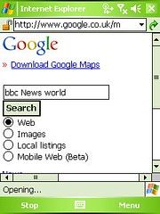 Searching for the BBC News World edition in Google Mobile