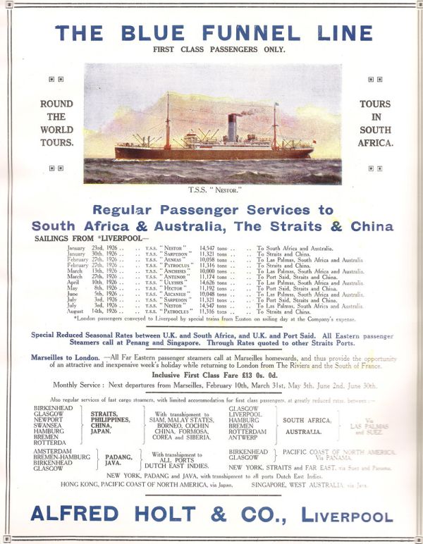 The Blue Funnel Line - Alfred Holt of Liverpool - advert, 1926