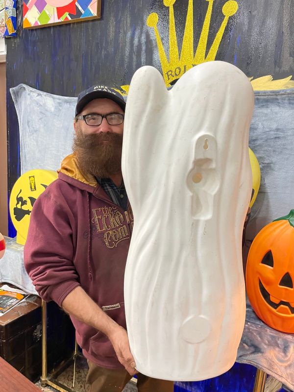 Sunhill Halloween ghost with pumpkin and black cat! Light Up Blow Molded Outdoor Decor Halloween! About 1995. Concept, sculpting, and related Artwork by MiMo, Mike Mozart, pictures by Mike Mozart!