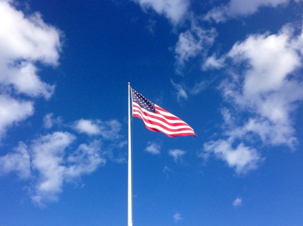 America Flag waving blue sky white puffy clouds American USA Flag windy day. Pics by Mike Mozart of TheToyChannel and JeepersMedia on YouTube. #AmericanFlag #USAFlag #BlueSkies #WhiteClouds #BeautifulDay #Patriotic #LaborDay #MemorialDay