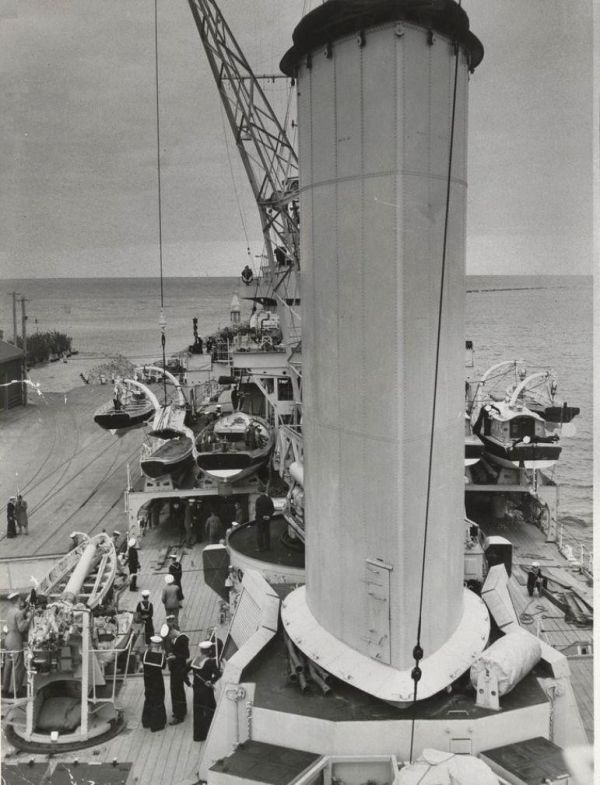 Mis-dated 1941, probably 1936. The funnel of cruiser HMAS SYDNEY [II] attracts a cameraman's attention in Port Adelaide. Photo the Argus Collectrion, SLV.
