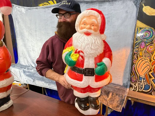 Candy Cane and Santa ( Shorter Version) Christmas Light Up Vintage Blow Molded Lawn Decor, distributed by SunHill, Candy Cane re-design Circa 1991-1992 by MiMo, Mike Mozart.