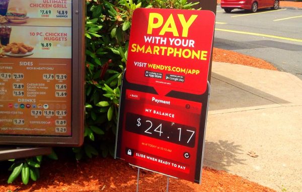 Wendy's Pay with Your Smartphone sign. Payment accepted Cell Phone Mobile device 6/2014. Pics by Mike Mozart of TheToyChannel and JeepersMedia on YouTube. #Wendys #PayWithYourSmartPhone #Payment #Mobile #