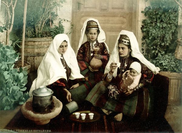 Group of Arab women from Bethlehem drinking coffee.
