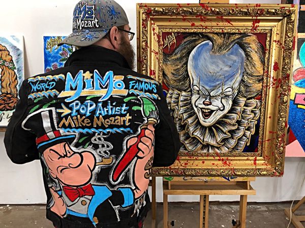 Mike Mozart, POP Artist known as MiMo wearing Hand Painted Popeye Denim Jacket