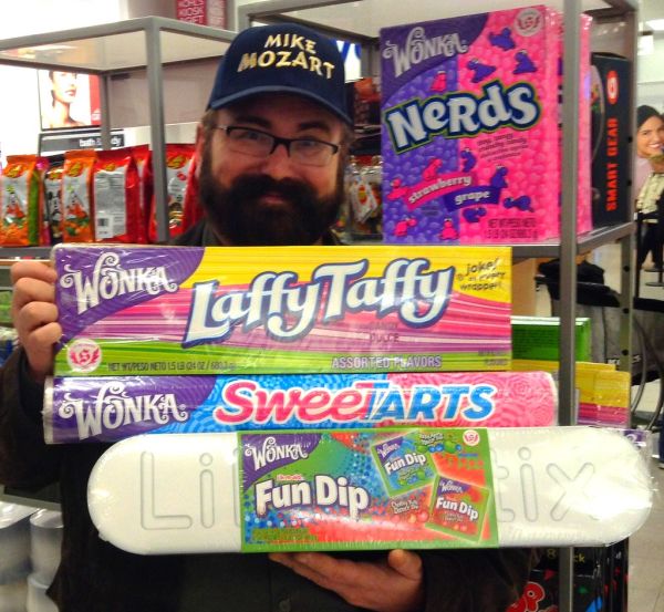 Mike Mozart with Giant Wonka Candy at Kohl's Giant Candy Gift Boxes Christmas 2013