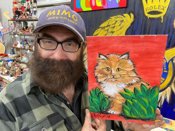 MiMo, Mike Mozart, Acrylic on Canvas Board painting of Fluffy, the family cat, 1974, signed Wolf 12, short for Wolfgang Mikyáll Mozart!