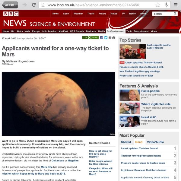“BBC News: Applicants wanted for a one-way ticket to Mars” / SML.20130417.SC.PublicMedia