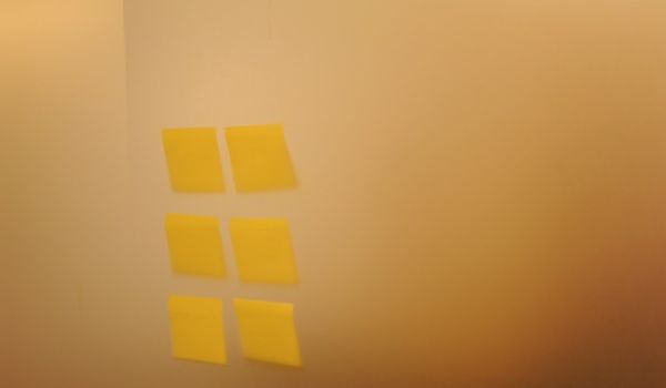 Translucent lack of information, yellow sticky notes, glass, UI / UX, Amazon, Pac-Med building, Seattle, Washington, USA