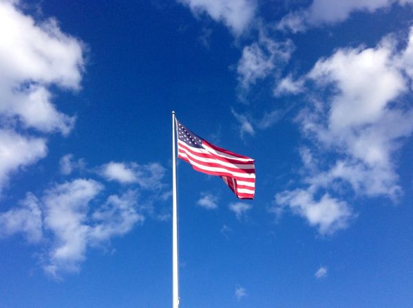 America Flag waving blue sky white puffy clouds American USA Flag windy day. Pics by Mike Mozart of TheToyChannel and JeepersMedia on YouTube. #AmericanFlag #USAFlag #BlueSkies #WhiteClouds #BeautifulDay #Patriotic #LaborDay #MemorialDay