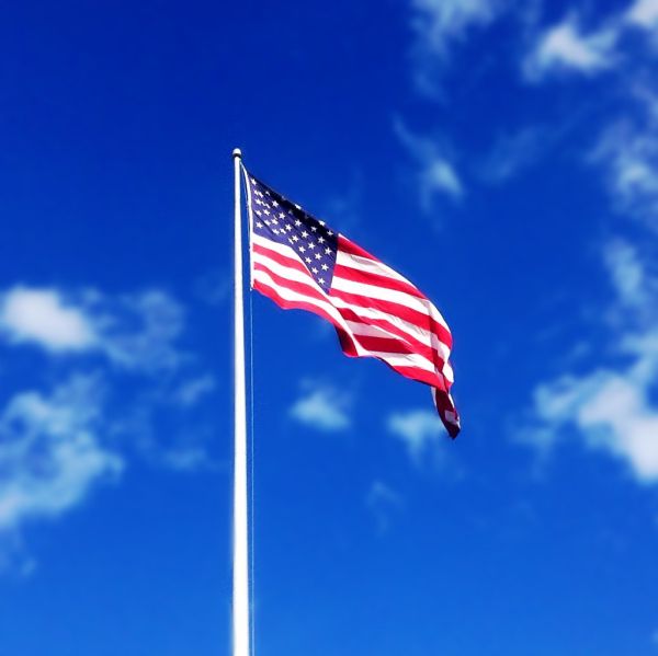 America Flag waving blue sky white puffy clouds American USA Flag windy day. Pics by Mike Mozart of TheToyChannel and JeepersMedia on YouTube. #AmericanFlag #USAFlag #BlueSkies #WhiteClouds #BeautifulDay #Patriotic #LaborDay #MemorialDay