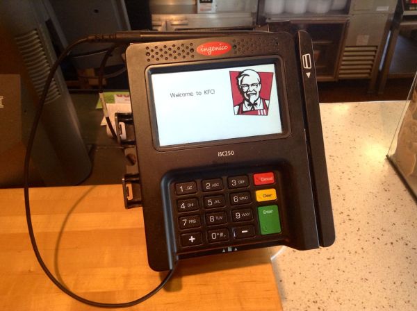 KFC Kentucky Fried Chicken Credit Card Machine Electronic Reader Scanner Device Pics by Mike Mozart of TheToyChannel and JeepersMedia on YouTube. #KFC #KentuckyFriedChicken #KFCCreditCard #KFCCreditCardScanner #DebitCard #Payment #Electronic