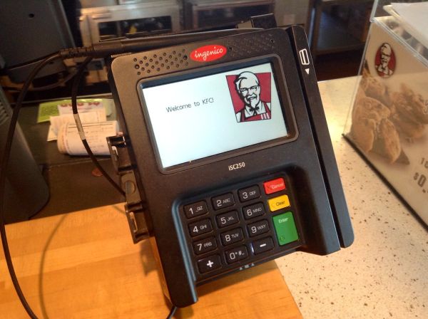 KFC Kentucky Fried Chicken Credit Card Machine Electronic Reader Scanner Device Pics by Mike Mozart of TheToyChannel and JeepersMedia on YouTube. #KFC #KentuckyFriedChicken #KFCCreditCard #KFCCreditCardScanner #DebitCard #Payment #Electronic