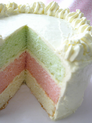 tropical tricolour cake, sliced