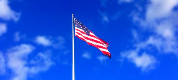 America Flag waving blue sky white puffy clouds American USA Flag windy day. Pics by Mike Mozart of TheToyChannel and JeepersMedia on YouTube. #AmericanFlag #USAFlag #BlueSkies #WhiteClouds #BeautifulDay #Patriotic #LaborDay #MemorialDay