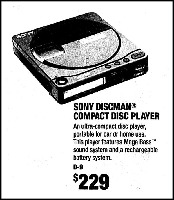 Vintage Advertising For The Sony D-9 Discman Portable Compact Disc Player In An Hawthorne Store Ad In The Detroit Free Press Newspaper, December 16, 1989