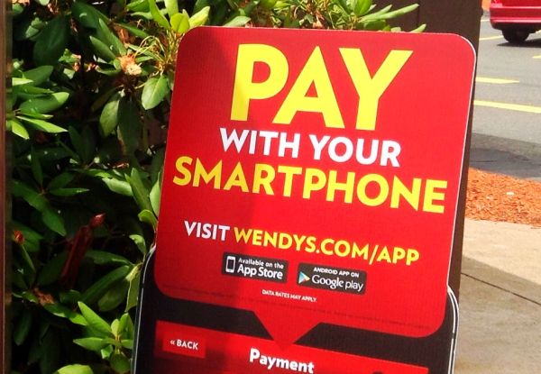 Wendy's Pay with Your Smartphone sign. Payment accepted Cell Phone Mobile device 6/2014. Pics by Mike Mozart of TheToyChannel and JeepersMedia on YouTube. #Wendys #PayWithYourSmartPhone #Payment #Mobile #