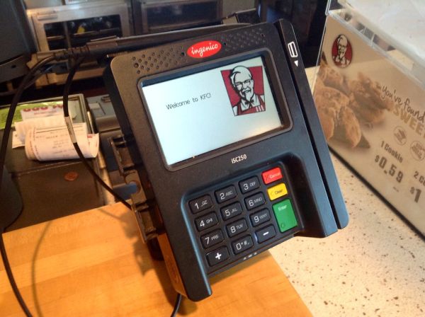 KFC Kentucky Fried Chicken Credit Card Machine Electronic Reader Scanner Device Pics by Mike Mozart of TheToyChannel and JeepersMedia on YouTube. #KFC #KentuckyFriedChicken #KFCCreditCard #KFCCreditCardScanner #DebitCard #Payment #Electronic