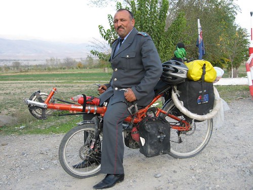 'Allo officer! - Tajikistan border guard on my HPV Street Machine GTe near Penjikent, Tajikistan