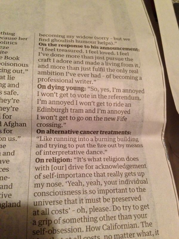 Iain Banks on cancer treatment in The Guardian