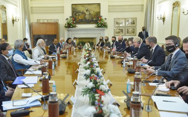 Delegation level talks led by PM Shri Narendra Modi & UK PM Rt. Hon'ble Boris Johnson MP at Hyderabad House
