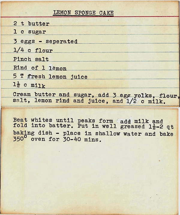 Lemon sponge cake recipe card - Michigan circa 1950