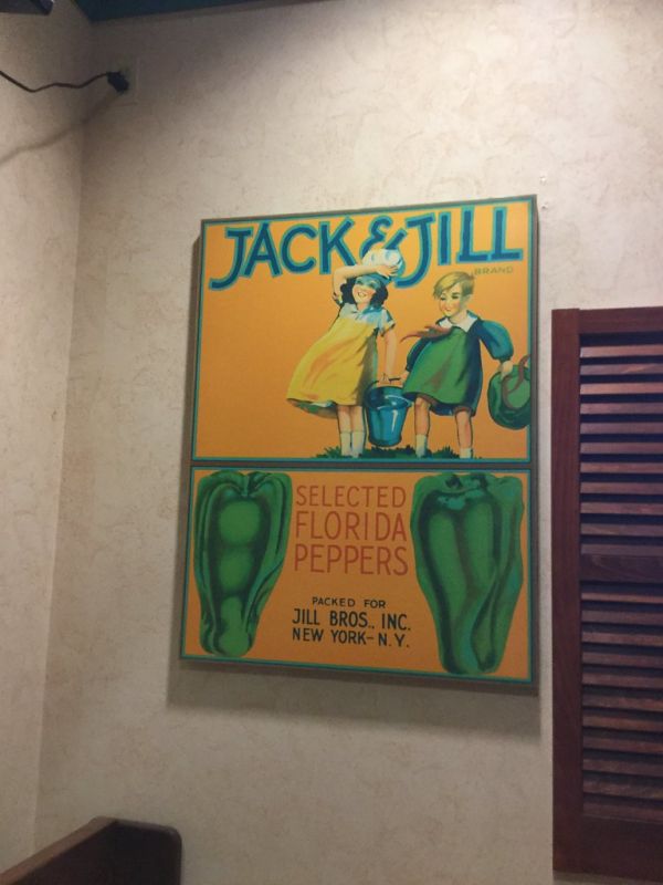 Price Chopper food eating area, fruit crate artwork signs, pics by Mike Mozart