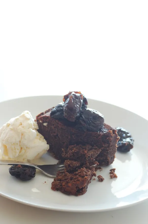chocolate hazelnut birthday cake with frangelico poached prunes