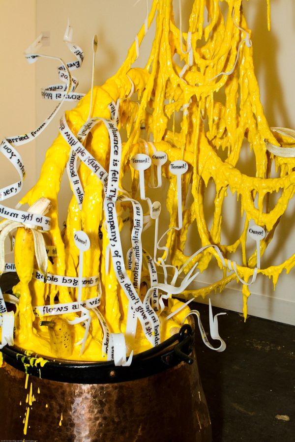 Mixed Media Sculpture: Gilles Barbier: In the soup, a cheddar fondue and three nightmares, speech bubbles (tenant & owner), isolated segments (the infinite assassin) and bananas / Galerie Vallois / The Armory Show 2010 / 20100305.7D.03928 / SML