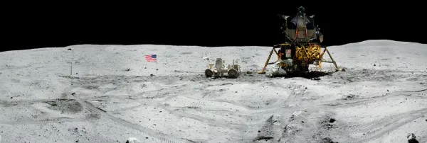 Panorama view of Apollo 16 commander Astronaut John W. Young