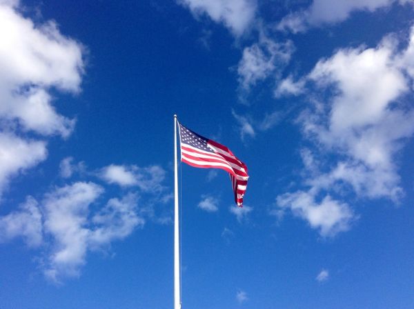America Flag waving blue sky white puffy clouds American USA Flag windy day. Pics by Mike Mozart of TheToyChannel and JeepersMedia on YouTube. #AmericanFlag #USAFlag #BlueSkies #WhiteClouds #BeautifulDay #Patriotic #LaborDay #MemorialDay