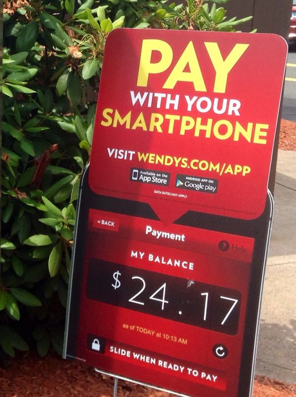 Wendy's Pay with Your Smartphone sign. Payment accepted Cell Phone Mobile device 6/2014. Pics by Mike Mozart of TheToyChannel and JeepersMedia on YouTube. #Wendys #PayWithYourSmartPhone #Payment #Mobile #
