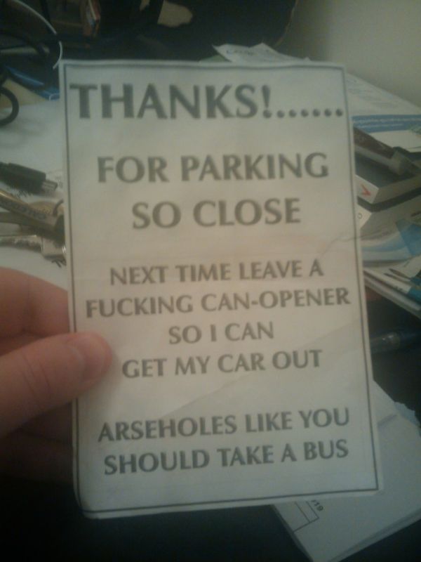 Angry driver left funny note on my car