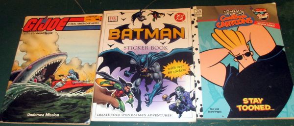 20150516 - yardsale haul - IMG_0418 - G.I. Joe & Johnny Bravo coloring books, Batman sticker book