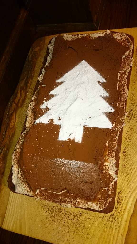 Chocolate chestnut cake - use the basic sponge recipe plus 2 desert spoons of cocoa in a little water to make a paste. Bake in a shallow tin for 20mins at 180C. Top with cashew cream and sweetened chestnut puree. Decorate with artistic cocoa and icing sug