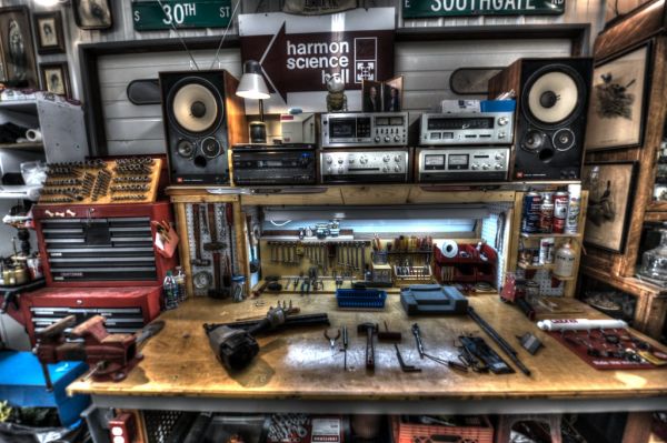 Automotive work area with my 1977 stereo (Accuphase)