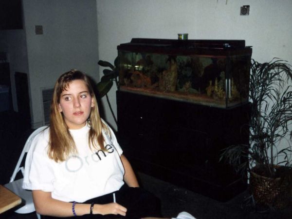 Sara wearing a New Order t-shirt