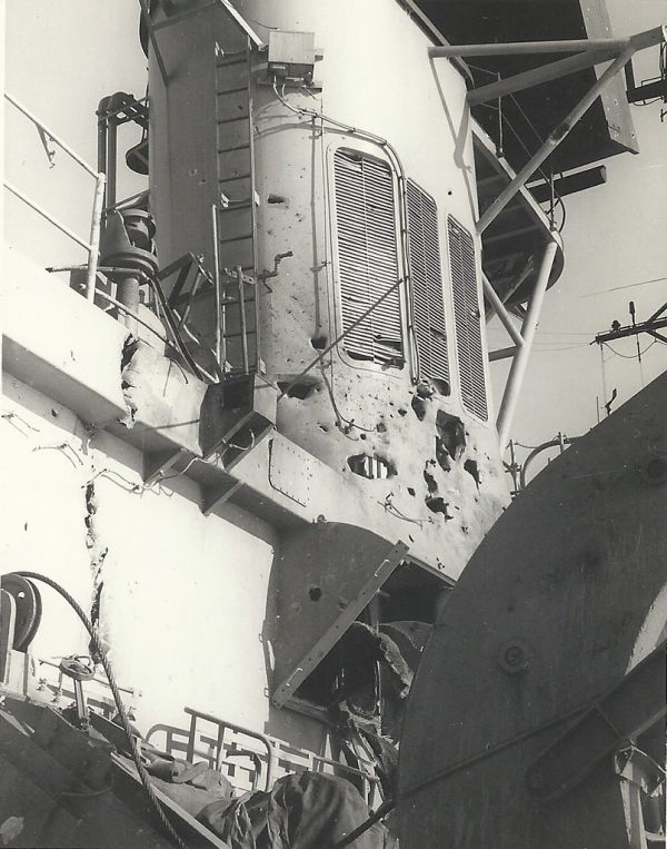 THINKING ABOUT FUNNELS: Destroyer HMAS HOBART's funnel showing missile 'friendly fire' damage, Vietnam, June 17m, 1968 - Photo CMDR R.J. Varley, RAN.