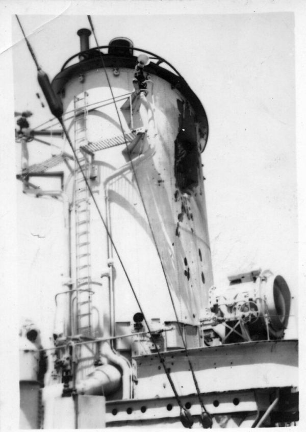 THINKING ABOUT FUNNELS. Funnel hit on HMAS SYDNEY [II], Cape Spada, July 1940. Photo Collection of Harold John Watts, courtesy Jenny Scott.