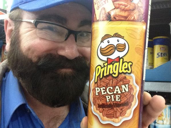 Pringles Potato Chips/ Crisps Special Edition Pecan Pie flavored for Christmas 2013 with Mike Mozart and his Oringles Guy Mustache. Creative Commons Attribution