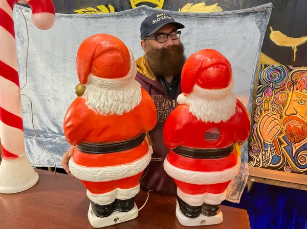 Candy Cane and Santa ( Shorter Version) Christmas Light Up Vintage Blow Molded Lawn Decor, distributed by SunHill, Candy Cane re-design Circa 1991-1992 by MiMo, Mike Mozart.