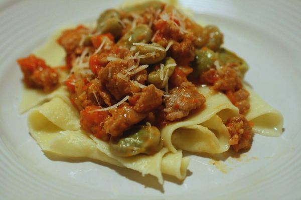 Fresh Pasta with Favas, Tomatoes, and Sausage